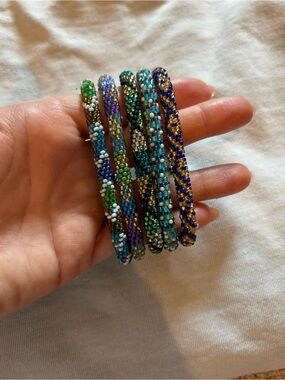 Set of 5 Nepalese Style Roll-On Bracelets with Blue & Green Seed Beads